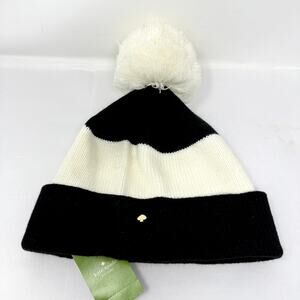 Kate Spade New York Color Block Pom Beanie Hat Black Cream Women’s NWT O/S